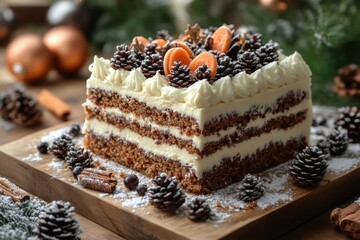 A piece of cake on a wooden board.