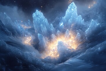 Large iceberg against dark blue sky.