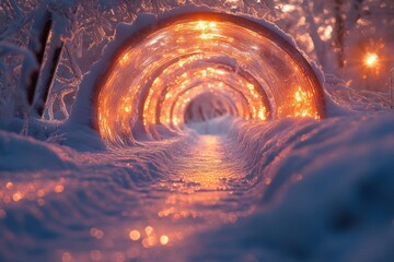 Lights shine from snow tunnel.