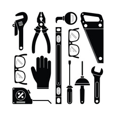 Collection of various black silhouette construction tools