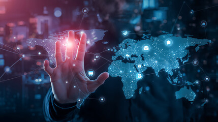 Global network concept with hand touching world map and digital icons