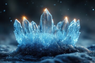 Crystal resting in snow, capturing light.