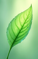 A 3D render of a glowing green glass leaf with water droplets trickling down it.