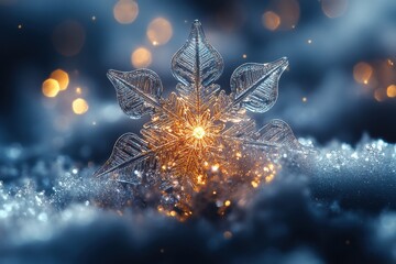 Snowflakes falling on a snowy ground.