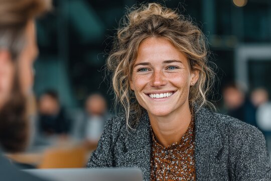young businesswoman taking notes during tech interview meeting. Generative AI