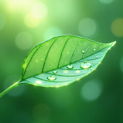 A 3D render of a glowing green glass leaf with water droplets trickling down it.