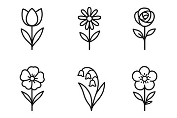 Minimalist flower icons: tulip, daisy, rose, poppy, lily of the valley, hibiscus
