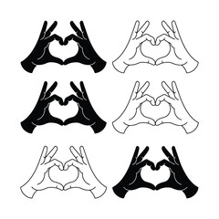 Collection of hand heart gestures in black and white