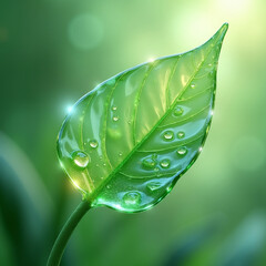 A 3D render of a glowing green glass leaf with water droplets trickling down it.