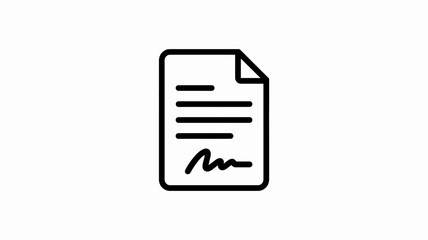 Simple black and white line art illustration of a document with lines of text and a signature at the bottom