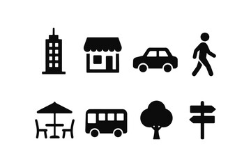 Naklejka premium Urban icon set: monochrome symbols of city life and transportation