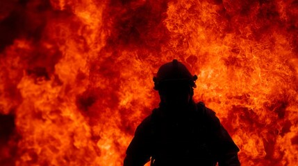 A firefighter stands firm against a towering inferno, surrounded by vibrant flames. Smoke billows as they fight to control the raging fire, showcasing their courage and commitment to safety