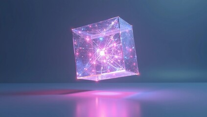 A floating transparent cube filled with digital particles, glowing from within, futuristic background