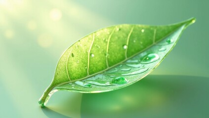 A 3D render of a glowing green glass leaf with water droplets trickling down it.