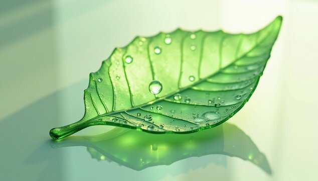 A 3D render of a glowing green glass leaf with water droplets trickling down it.