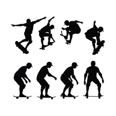 Silhouette of skateboarder performing tricks and riding