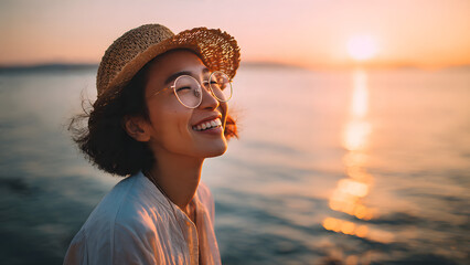 A woman smiling joyfully while standing by the sea during a beautiful sunset. She is wearing a straw hat, round glasses, and a light shirt, with the warm sunlight illuminating her face and hair.