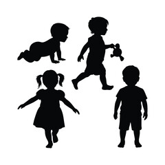 Silhouette of four children playing, crawling, walking, and standing