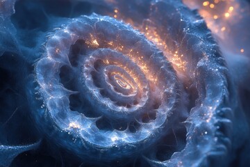 Spiral galaxy with blue and yellow nebula.