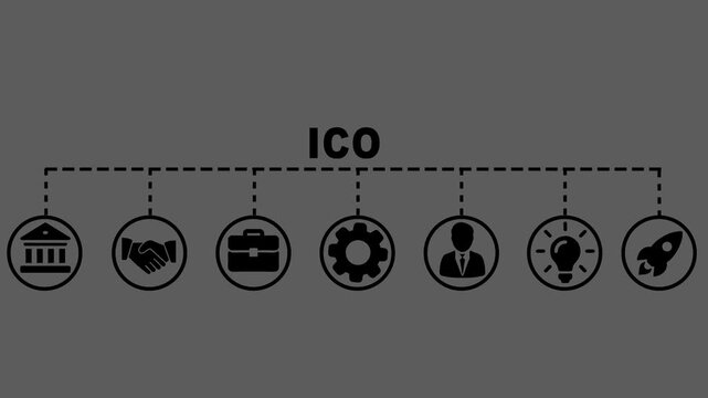 Ico Concept Video banner The Banner Shows a Series Of Icons Connected by a dashed line, On The Black Background.