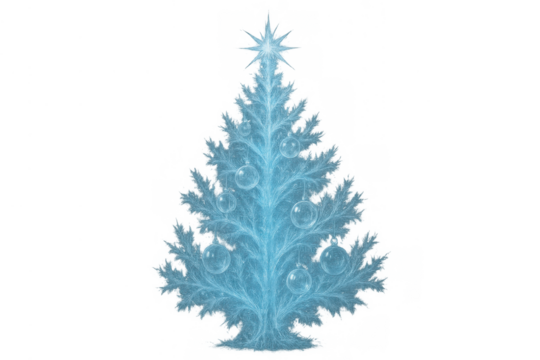 Frozen christmas tree with glowing star and ice baubles, cold winter holiday decoration with transparent background