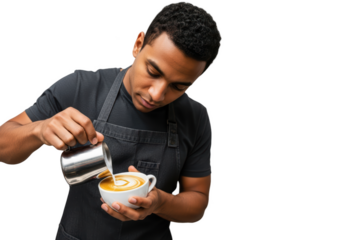 A man pouring cappuccino from a silver pitcher into a white cup, against transparent background