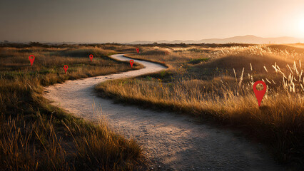 A winding road stretching through a grassy field under a warm sunrise, with red location pins marking key points along the path.