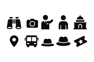 Travel and tourism icons set: flat silhouette style for maps and guides