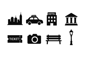 Naklejka premium Collection of urban silhouette icons: cityscape, transport, architecture, and leisure elements