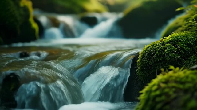 A tranquil forest scene of a babbling brook with clear water cascading over lush green moss-covered rocks