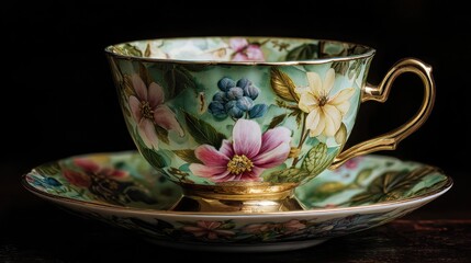 Elegant Floral Tea Cup and Saucer on Dark Background.