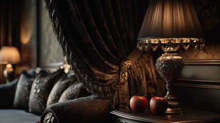 Elegant interior with apples and a vintage lamp creating a cozy atmosphere.
