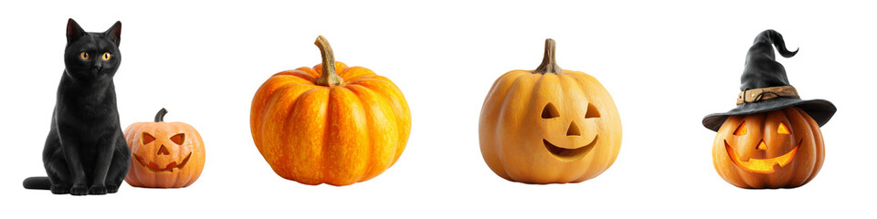 Set of Halloween pumpkins with black cat and witch hat transparent background