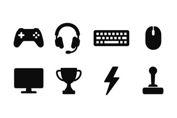 Set of gaming icons: headset, keyboard, mouse, trophy, monitor, game controller