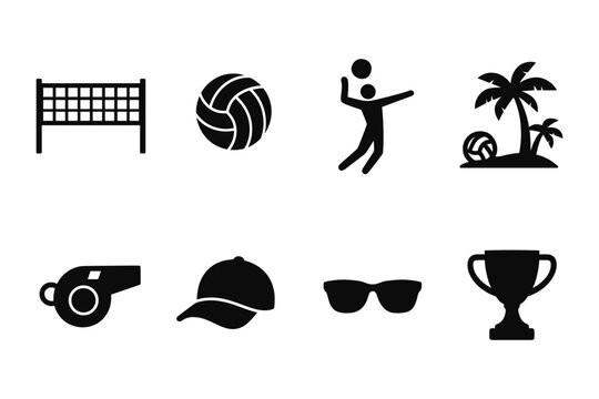 Beach volleyball icons: silhouettes of net, ball, player, and tropical elements for summer sports