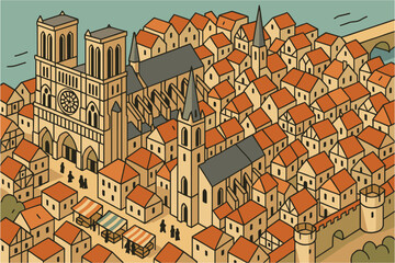 Obraz premium Medieval cityscape with cathedral in charming cartoon style