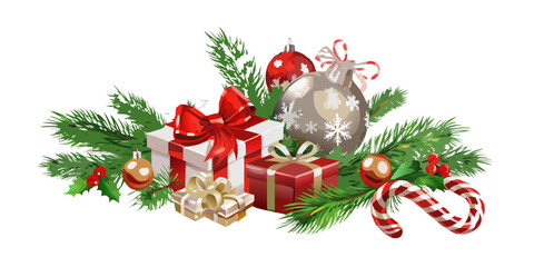 Christmas Composition – Pine Branches, Ornaments & Seasonal Decor Vector