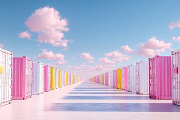 Obraz premium Colorful Doors Line Perspective Path Under Pink Clouds