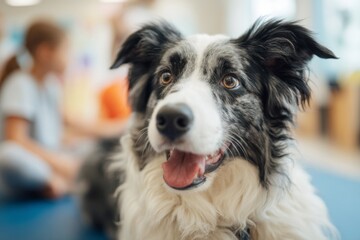 Fototapeta premium A lively border collie with a black and white coat is happily engaging with children in a bright indoor space. The atmosphere is joyful, showcasing a bond between pets and people