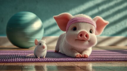 Cute 3D rendered piglet and mouse exercising on yoga mat with stability ball.