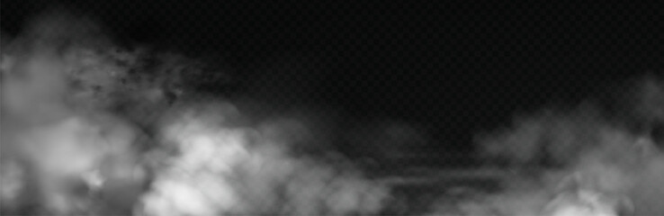 White smoke cloud with overlay effect on dark background. Realistic fog texture spreading along the floor.