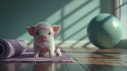Cute 3D piglet and mouse sitting on a yoga mat by a fitness ball.