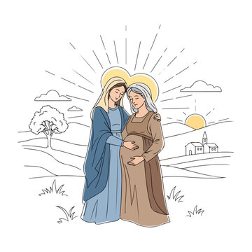 Visitation of Mary and Elizabeth in minimalistic illustration showing two women in biblical history. Visitation scene includes Mary and Elizabeth in an embrace, in vintage illustration style.