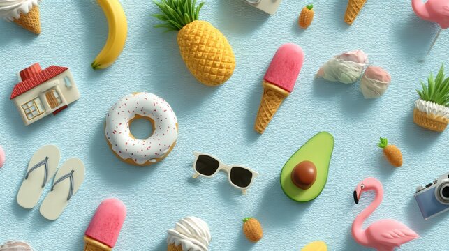 Diverse, colorful 3D summer objects scattered randomly on a light blue background, top view.