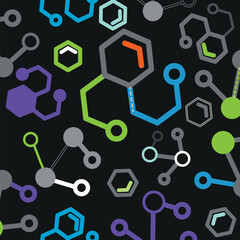 A seamless pattern illustrating molecular structures, atoms and chemical bonds on a dark backdrop. Perfect for educational graphics, science-themed designs, lab branding, technology backgrounds