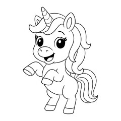 Cute fantastic unicorn. Black and white, linear, image. For the design of coloring books, prints, posters, stickers, tattoos, etc. Vector isolated outline.
