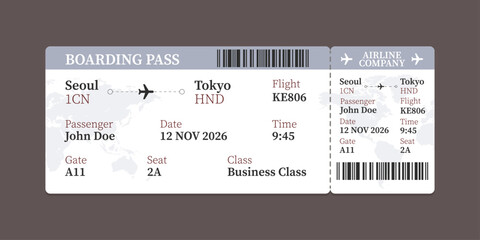 Realistic illustration of airplane ticket boarding pass with passenger name and destination. Concept of travel, journey or business trip.