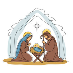 Nativity scene showing baby Jesus, Mary, and Joseph in continuous line drawing. Nativity scene elements include straw manger, haloed figures, and star of Bethlehem in sketched style.