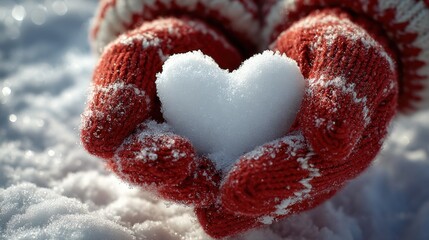 Fototapeta premium Close-up of hands in bright red patterned mittens gently holding a heart shape carved from fresh white snow, winter sunlight.