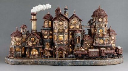 Obraz premium Ornate steampunk cityscape diorama with multiple interconnected buildings, illuminated windows, a smoking chimney, and a small train on a track.